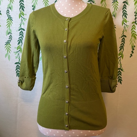 Premise Sweaters - Petite Small Premise Olive Green Cardigan with Rhinestone Buttons A4